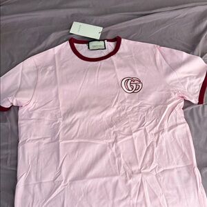 Gucci Pink Short-Sleeve Ringer Tee with Red Trim and GG Patch